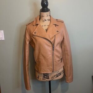 Aeropostale Womens Outwear Baddie Biker  Faux Leather Moto Jacket Brown Small